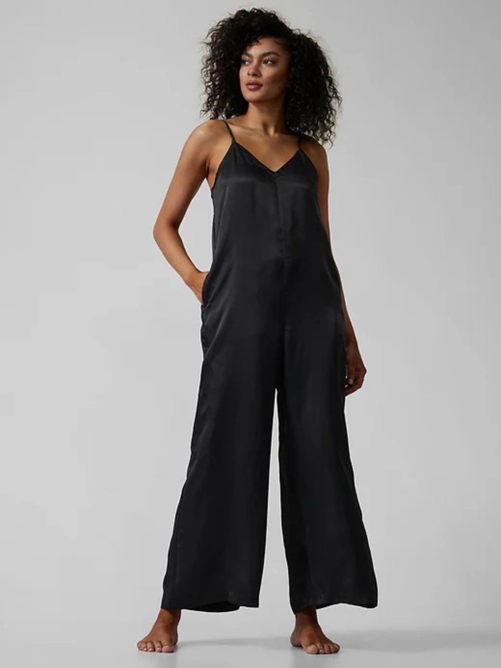 Athleta Size XXS Calm Cool Satin Wide-Leg Jumpsuit Romper - Black